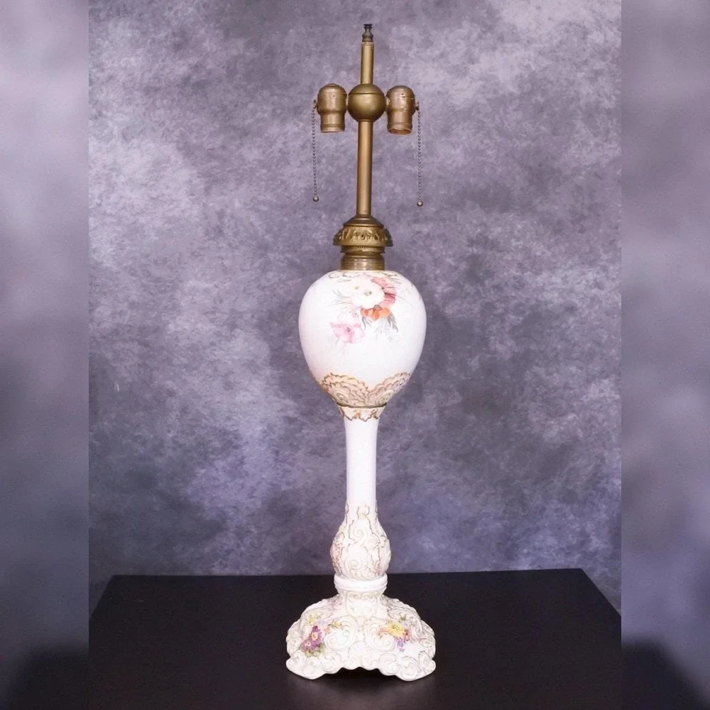 Antique Ceramic Arts Co. Belleek Lenox Hand Painted Pink Floral Parlor Lamp Base